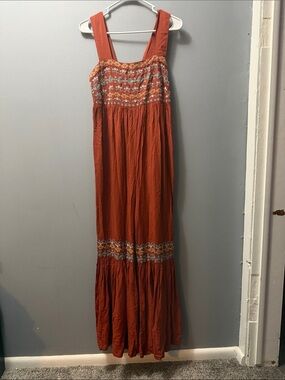 Rust Orange Embroidered Wide Leg Boho Jumpsuit